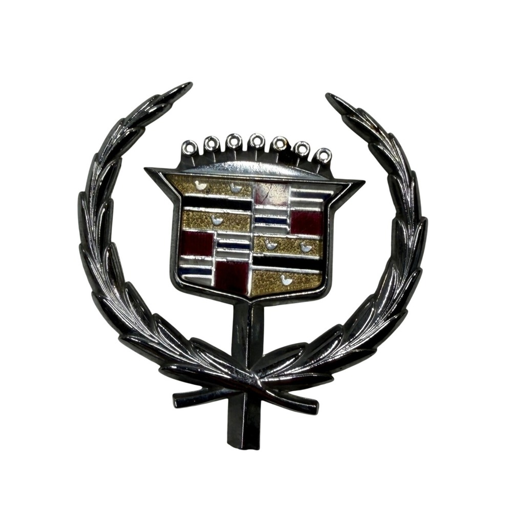 Vintage Cadillac Wreath and Crest Hood Ornament Chrome Emblem Mascot